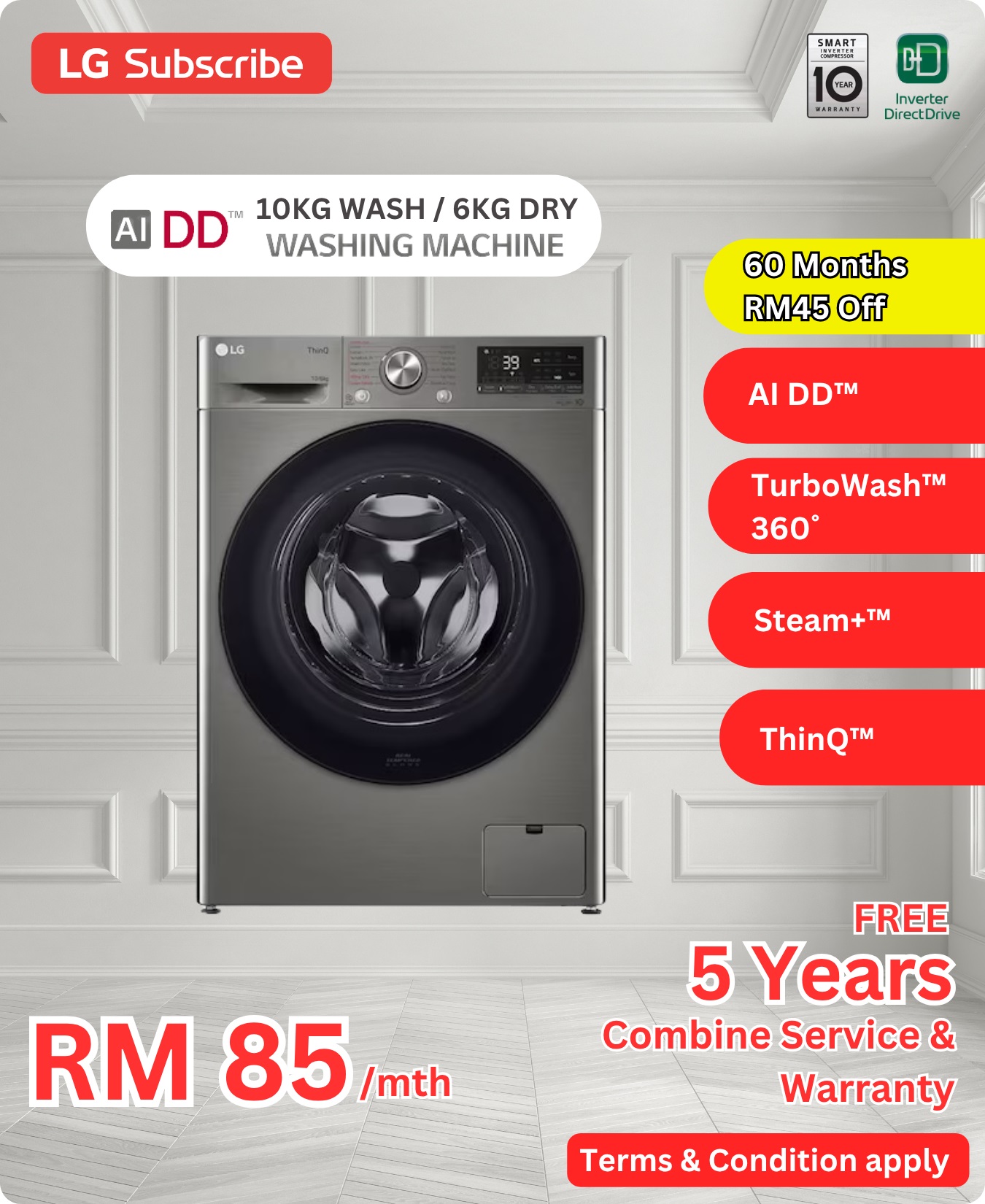 LG AI DD 10KG Wash 6KG Dry Washing Machine